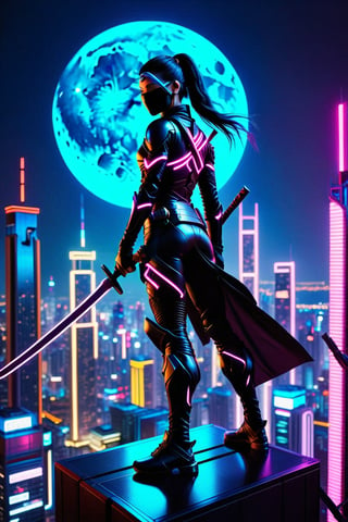 "A stealthy female ninja perched atop a neon-lit skyscraper in a cyberpunk city, her sleek armor blending with the dark shadows, a katana at her side, framed in a wide shot capturing the bustling cityscape with vibrant, glowing signs and a futuristic moonlit sky."