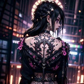 punk girl, removing bra, (View: from behind), detailed eyes, detailed bra, sexy, rosto detalhado, olhos detalhados, look away, look away, goth girl, defined back, black makeup, dark lips, purple eyes, black hair( dynamic lighting, lighting according to the environment)