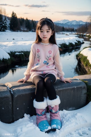 主：(((Outdoors by the creek at sunset))),
人：1 korean little girl,Pure and restrained little girl,(((little girl of elementary school age))),A little girl of primary school age,(((Adorable toddler))),
優：(masterpiece, highest quality, extreme detailed, best quality, official art, beautiful and aesthetic:1.2), extreme detailed,(Dream by WOMBO art:1.3),colorful,highest detailed,(Top beauty in pictorial shooting),
體：(little girl's body), (beautiful body proportions),(little girl's body), (little girl's figure),The most beautiful body proportions,
髮：(bangs),(long hair),
服：(((Low-cut collarless and sleeveless sweater with floral pattern))), ((lace sleeves)),(((Sheer sleeveless sweater))),(((black compression tights))),(((snow boots))),