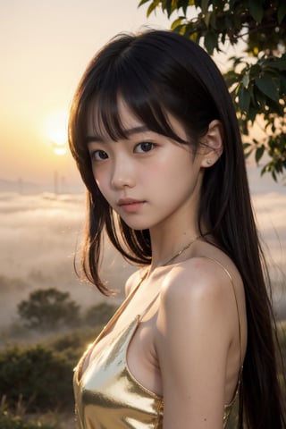 主：(((Fog forest with golden sunset))),
人：masterpiece, 8k, ((from front)), portrait, upper body, cute, detailed face, beautiful detailed eyes, girl, loli, happy, mad, red lips, bangs, very long hair, strong eyebrows, bare shoulders, (blush), (embarrassed),
Deep V neckline,