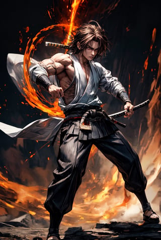 {[(8K quality image), (full body), (ultra quality image), (ultra detailed image), (perfect body), (super detailed)]}, 
samurai, long black hair, reddish brown eyes, defined body, combat stance, serious face, psychedelic setting,