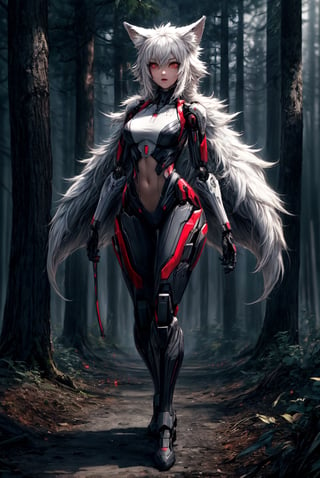 {[(8K quality image), (full body), (ultra quality image), (ultra detailed image), (perfect body), (super detailed)]}, 
demi-human woman, wolf ears, wolf tail,
wild, in the middle of the forest, gray fur, red eyes,
gray waist-length hair, claws, hunting, fangs showing, cybenetic, style cyberpunk, robot