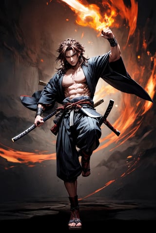 {[(8K quality image), (full body), (ultra quality image), (ultra detailed image), (perfect body), (super detailed)]}, 
samurai, long black hair, reddish brown eyes, defined body, combat stance, serious face, psychedelic setting,