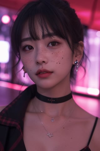 1girl, solo, looking at viewer, short hair, bangs, black hair, red eyes, brown eyes, jewelry, upper body, earrings, parted lips, choker, necklace, mole, blurry, lips, blurry background, portrait, freckles, realistic, nose