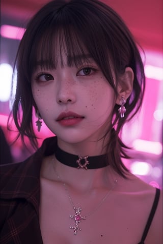1girl, solo, looking at viewer, short hair, bangs, black hair, red eyes, brown eyes, jewelry, upper body, earrings, parted lips, choker, necklace, mole, blurry, lips, blurry background, portrait, freckles, realistic, nose