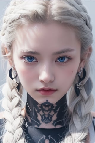 1girl, solo, long hair, looking at viewer, blue eyes, jewelry, closed mouth, braid, white hair, earrings, twin braids, lips, grey eyes, tattoo, facial mark, portrait, hair over shoulder, realistic