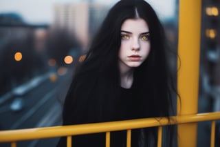 teenager girl, yellow eyes, black long hair, pale skin, city