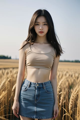 1girl,beige,midriff,denim_skirt,wheat field,cowboy_shot,high_res,ultra high res,best quality,raw photo,35mm f/1.4,<lora:659111690174031528:1.0>