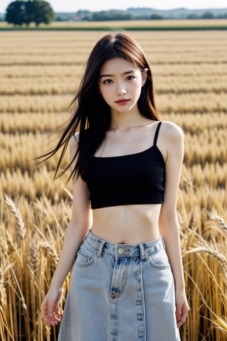 1girl,beige,midriff,denim_skirt,wheat field,cowboy_shot,high_res,ultra high res,best quality,raw photo,35mm f/1.4,<lora:659111690174031528:1.0>