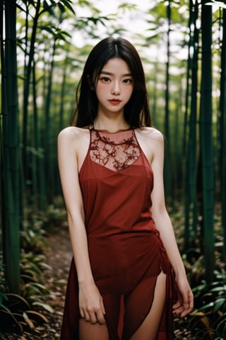 1girl,(red:1.3),(sleeveless,lace-trimmed,see-through_dress),cowboy_shot,nature,dusk,bamboo forest,high_res,ultra high res,best quality,raw photo,35mm f/1.4,film grainngk,,Black Background,,<lora:659111690174031528:1.0>