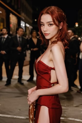 1girl, night, brown skin, red hair, brown eyes, full body, crowd, (see through dress,tight,dress),highres, ultra high res, best quality, raw photo, 50mm f/1.8, film grainngk,Black Background