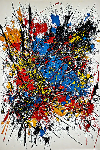 Action painting, spontaneously small dribbled paint on a large canvas, The image shows an abstract painting with a dense web of lines and splatters. The predominant colors are black, white, orange, and shades of red and brown. The black lines are thick and seem to be painted energetically, creating a sense of movement and dynamism within the piece. The orange and red tones form the background and vary in intensity across the canvas. The white splatters add contrast and complexity to the composition. The painting is typical of abstract expressionist art, focusing on emotion and energy conveyed through brushstrokes and colors. It evokes a sense of chaos, intensity, and raw emotion, inviting the viewer to explore their own interpretations of the vibrant colors and tangled lines., blue, (in the style of Jackson Pollock), painting, raw image, realistic image, ultrarealistic, 32k   resolution, XXMix_realisticSDXL, bul4, er





