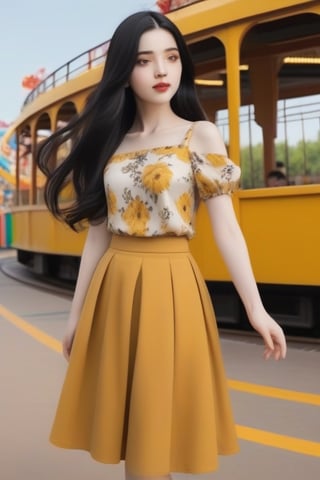 A girl with white skin, brown eyes, very long black hair that reaches to her waist, with a long mustard-colored skirt with a flower print, and a mustard-colored blouse with a flower print that reaches between her shoulder and elbow. In an amusement park