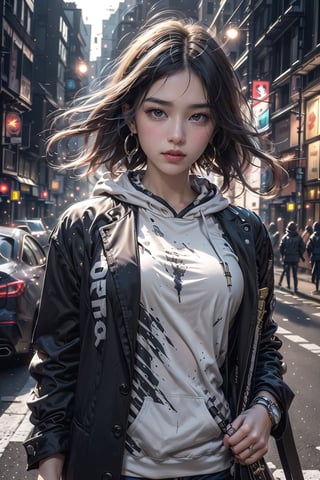Master work, best picture quality, higher quality, ultra-high resolution, 8k resolution, exquisite facial features, perfect face, girl, assassin, fashion ((upper body clothing, hoodie inside, suit jacket outside)) sneakers, Black mask, cross earrings, carrying a delicate and beautiful samurai sword, night, city, movie style