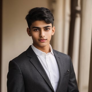 an 18 years old handsome indian man, osman,  wear black costume, sharp focus, finely detailed eyes and face, short black hair, fade haircut, male_only, sharp skin, handsome Indian, standing, happy face