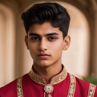 an 18 years old handsome indian man, osman,  wear red costume, sharp focus, finely detailed eyes and face, short black hair, fade haircut, male_only, sharp skin, handsome Indian, exciting