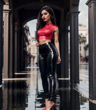 masterpiece, best quality, photorealistic, unedited photo, 25 year old latino girl, detailed skin,full_body, Masterpiece, long hair, wet clothes, red lipstick, full fit body, wet hair, wetlook pants, soakingwetclothes, satin top,