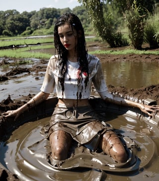 ultra realistic, masterpiece, best quality, photorealistic, unedited photo, 25 year old girl, detailed skin,full_body, long hair, wet clothes, red lipstick, full fit body, wet hair, mud covered, muddy, covered in mud, black straight hair, wet woman, whole body, visible legs, black skirt, swimming in mud, white shirt, submerged in mud