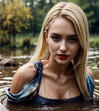 masterpiece, best quality, photorealistic, unedited photo, 25 year old girl, detailed skin,full_body, Masterpiece, long hair, wet clothes, red lipstick, full fit body, wet hair, muddy hair and face, soakingwetclothes, mud covered, muddy, covered in mud, blonde straight hair, blonde woman