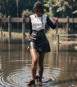 ultra realistic, masterpiece, best quality, photorealistic, unedited photo, 25 year old girl, detailed skin,full_body, Masterpiece, long hair, wet clothes, red lipstick, full fit body, wet hair, mud covered, muddy, covered in mud, black straight hair, wet woman, whole body, visible legs, black skirt, swimming in mud, white shirt