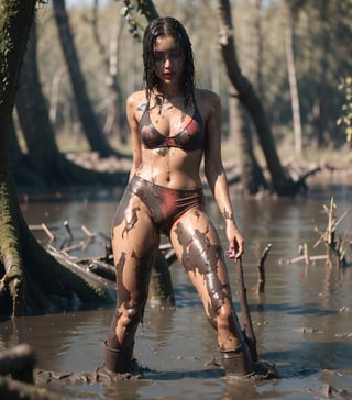 ultra realistic, masterpiece, best quality, photorealistic, unedited photo, 25 year old girl, detailed skin,full_body, Masterpiece, long hair, wet clothes, red lipstick, full fit body, wet hair, mud covered, muddy, covered in mud, black straight hair, wet woman, whole body, visible legs, red underwear, swimming in mud, 