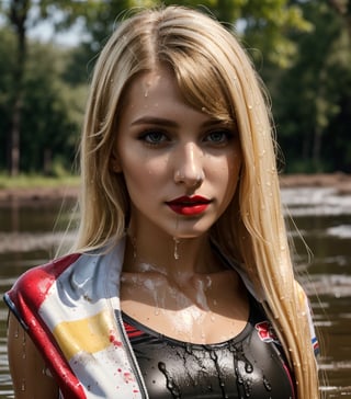 masterpiece, best quality, photorealistic, unedited photo, 25 year old girl, detailed skin,full_body, Masterpiece, long hair, wet clothes, red lipstick, full fit body, wet hair, muddy hair and face, mud covered, muddy, covered in mud, blonde wet straight hair, blonde woman, cheerleader dress