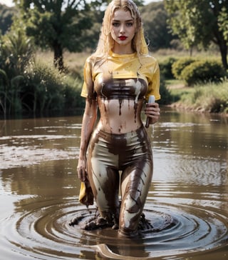masterpiece, best quality, photorealistic, unedited photo, 25 year old girl, detailed skin,full_body, Masterpiece, long hair, wet clothes, red lipstick, full fit body, wet hair, muddy hair and face, mud covered, muddy, covered in mud, blonde wet straight hair, blonde wet woman,whole body, 