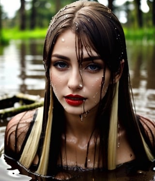 masterpiece, best quality, photorealistic, unedited photo, 25 year old girl, detailed skin,full_body, Masterpiece, long hair, wet clothes, red lipstick, full fit body, wet hair, muddy hair and face, soakingwetclothes, mud covered, muddy, covered in mud, blonde straight hair, blonde woman