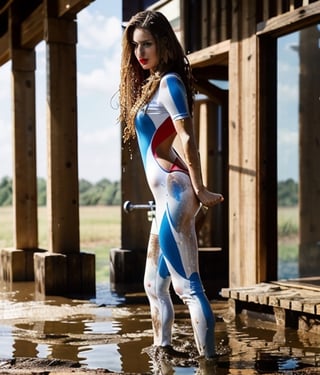 masterpiece, best quality, photorealistic, unedited photo, 25 year old girl, detailed skin,full_body, Masterpiece, long hair, wet clothes, red lipstick, full fit body, wet hair, muddy hair and face, soakingwetclothes, mud covered, muddy, covered in mud, blonde straight hair, blonde woman, white catsuit