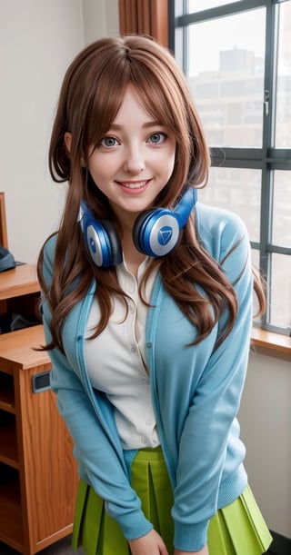 Miku Nakano, Brown hair, nm1, headphones around neck, school uniform, long sleeves, blue cardigan, (green skirt), pantyhose, cleavage, (super huge breast), rosy cheeks, cute bright smile showing her teeth, waist up portrait, art by Carne Griffiths and Wadim Kashin rutkowski repin art station hyperrealism painting concept art of detailed character,  digital art 8k, art by cameron gray, fantastic face, beautiful look, detailed hair, ultra focus, face illuminated, face detailed, 8k resolution, soft natural lighting, smooth soft skin, symmetrical, natural skin texture, soft lighting, detailed face, rosy pure skin, v-shaped slim face, photorealism, soft pastel colors sparkling, cowboy shot, half-body shot, very sexy Mary,nn1, looking at the camera, pretty face,nm1,school uniform
