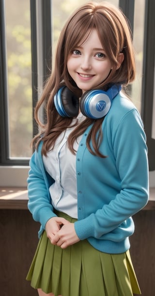 Miku Nakano, Brown hair, nm1, headphones around neck, school uniform, long sleeves, blue cardigan, (green skirt), pantyhose, super huge breast, rosy cheeks, cute bright smile showing her teeth, waist up portrait, art by Carne Griffiths and Wadim Kashin rutkowski repin art station hyperrealism painting concept art of detailed character,  digital art 8k, art by cameron gray, fantastic face, beautiful look, detailed hair, ultra focus, face illuminated, face detailed, 8k resolution, soft natural lighting, smooth soft skin, symmetrical, natural skin texture, soft lighting, detailed face, rosy pure skin, v-shaped slim face, photorealism, soft pastel colors sparkling, cowboy shot, half-body shot, very sexy Mary,nn1, looking at the camera, young face,nm1