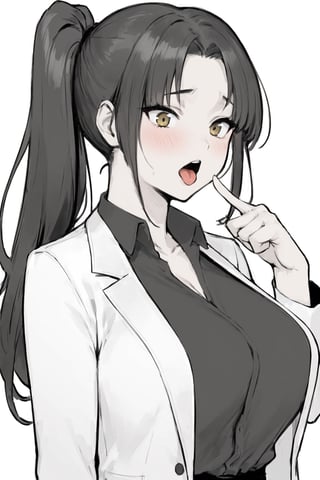 masterpiece, best quality, high resolution illustration, finely detailed, beautiful eyes and detailed face, hyper detail, intricate details, (Gray-scale), ((upper body)), (solo), (1girl), adult, (office lady, black shirt, black pencil skirt, black pantyhose, no shoes, collared shirt, labcoat, white labcoat, long labcoat, long coat, open coat), (black hair, long hair, ponytail, bangs, parted bangs, golden eyes, big breasts, wide pelvis), simple_background, grey_background, ZKTR, ((black hair, golden eyes)),LC Angela, ((open mouth, sticking tongue out of mouth, Pointing to mouth with hand, moaning, blushing)