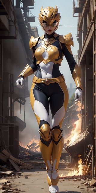 female,  1girl,  female body, ((masterpiece, best quality)), zeo gold ranger, zeo gold ranger suit, full body, fire explosion, mix of fantastic and realistic elements, uhd image, vibrant illustrations, hdr, ultra hd, 4k,White_Ranger,  broken Helmet:1.3,  broken suit:1.5,  nsfw:1.3,running:1.5,