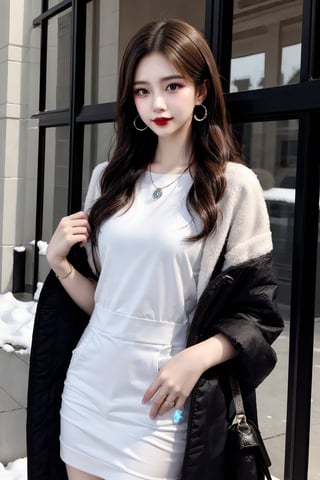 In a softly lit winter wonderland scene, a stunning Korean girl, Woman 1, stands out against the snowy backdrop. Her dreamy gaze, framed by luscious black hair with subtle bangs, is accentuated by big, bright smile and slightly upturned lips, painted with dark red lipstick. Her pale skin and delicate facial features are rendered in ultra-fine detail, showcasing perfect anatomy. A beautiful necklace and small earrings adorn her neck, while a handbag and winter down parka add a touch of elegance to her outfit. The overall effect is one of extreme delicacy, beauty, and realism, as if captured from an 8K art photo.,uniform11