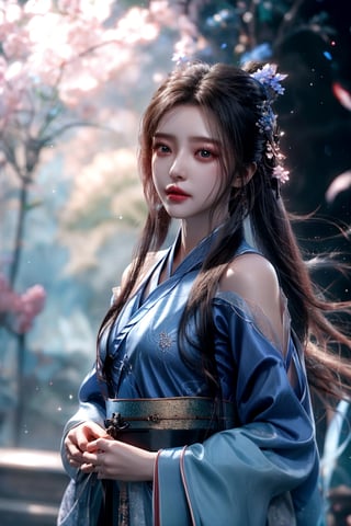 muelsyse (Arknights), 1girl, solo, slightly upturned lips, lipgloss, beautiful delicate eyes, hanfu, hanfu, splash background, holding sword, best quality, amazing quality, very aesthetic, ridiculous,girl, chinese clothes ,yumi,1 girl,dresses