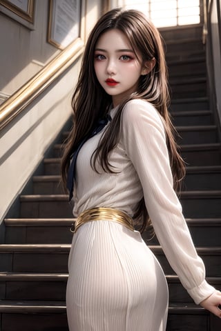 A stunning high school student, dressed in a crisp uniform, sits elegantly on the stairs, bathed in warm, natural light. The camera frames her beautifully, capturing the subtle upturn of her lips, painted with dark red lipstick. Her eyes, sharp-focused and exquisitely detailed, sparkle with innocence. Her delicate features, including finely chiseled cheeks and nose, are rendered in photorealistic 32k resolution, showcasing a perfect dynamic composition. The girl's skin glows with a lifelike texture, fair and flawless, as she poses with poise, her long, beautiful hair cascading down her back like a golden waterfall.,1girl