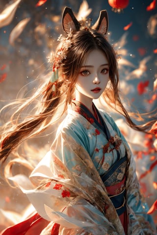 muelsyse (Arknights), 1girl, solo, slightly upturned lips, lipgloss, beautiful delicate eyes, hanfu, hanfu, splash background, holding sword, best quality, amazing quality, very aesthetic, ridiculous,girl, chinese clothes ,yumi