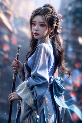 muelsyse (Arknights), 1girl, solo, slightly upturned lips, lipgloss, beautiful delicate eyes, hanfu, hanfu, splash background, holding sword, best quality, amazing quality, very aesthetic, ridiculous,girl, chinese clothes ,yumi,1 girl,dresses