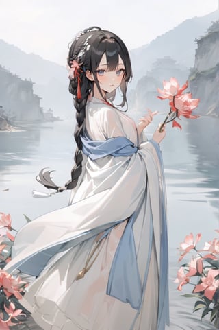 1 Chinese woman, 30 yo,with long black hair (braid), a pink lily in her hair, wearing a blue flat mouth, white translucent Hanfu, holding a branch with red peach blossoms in her hand, posing like a battle, the background is on the bank of the river in the south of the Yangtze River，4k, elegant, no expression