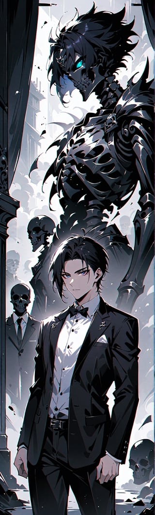 (master piece),(4k),(great artist),1 Taiwanese man with short black hair, 30yo, wearing a black suit and a white shirt, leading a group of skeleton knights to look at the camera indifferently