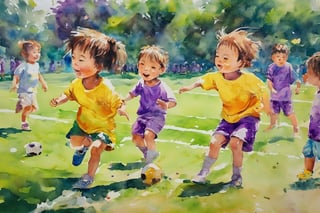 Children's painting, color painting, many children, big head, wearing yellow sports tops, purple sports shorts, playing football on the turf, sunshine