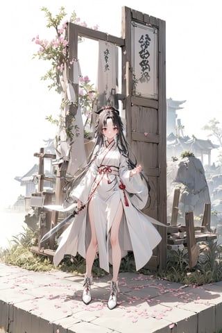 8k, high quality, masterpiece: 1.3), miniature model, white background, 3D isometric style, center, solo, full body,

1 Chinese woman, 26yo, long black hair, pink petals on the forehead, wearing a red and white Chinese robe, white plush at the neckline, wearing white leather boots, holding an iron-gray ancient long-handled weapon, the end of the weapon is two sharp knives, and the background is at the gate of the ancient Chinese camp.