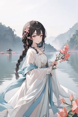 1 Chinese woman, 30 yo,with long black hair (braid), a pink lily in her hair, wearing a blue flat mouth, white translucent Hanfu, holding a branch with red peach blossoms in her hand, posing like a battle, the background is on the bank of the river in the south of the Yangtze River，4k, elegant, no expression