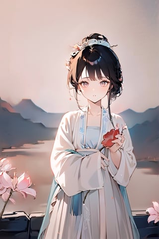 1 Chinese woman, 30 yo,with long black hair (braid), a pink lily in her hair, wearing a blue flat mouth, white translucent Hanfu, holding a branch with red peach blossoms in her hand, posing like a battle, the background is on the bank of the river in the south of the Yangtze River，4k, elegant, no expression