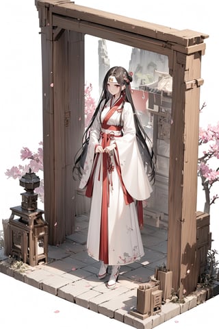 8k, high quality, masterpiece: 1.3), miniature model, white background, 3D isometric style, center, solo, full body,

1 Chinese woman, 26yo, long black hair, pink petals on the forehead, wearing a red and white Chinese robe, white plush at the neckline, wearing white leather boots, holding an iron-gray ancient long-handled weapon, the end of the weapon is two sharp knives, and the background is at the gate of the ancient Chinese camp.