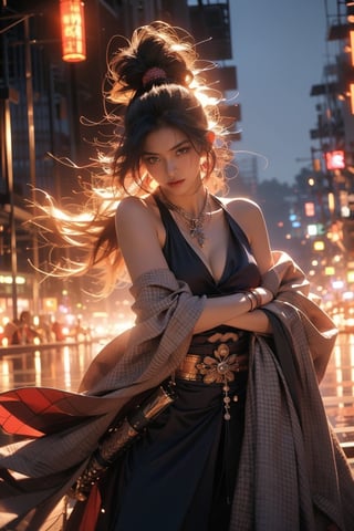 1girl, sweet, big breasts, rainy day in the background, cityscape, 1 girl, sexy girl, sexy female samurai, holding Japanese sword, shiny bracelet, sexy samurai uniform (white, transparent), cloak, solo, {beautiful and delicate eyes }, calm expression, natural soft light, delicate facial features, very small earrings, ((model pose)), attractive body shape, (neon hair: 1.2), beehive, long ponytail, very long hair, hair past the hips , curly hair, thin grain, authentic craftsmanship, masterpiece, best quality, photorealistic, ultra-detailed, fine, high resolution, perfect dynamic composition, beautiful detailed eyes, eyes smile, ((angry)), sharp focus, Full body, sexy pose, cowboy shot, samurai girl, glowing forehead, lights, katana (samurai sword), bare neck, bare shoulders,