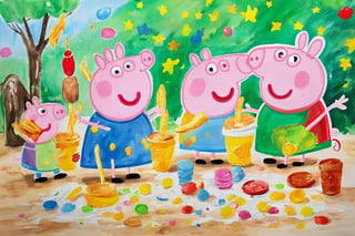 Children's painting, color painting, sunshine，Children's cartoon, Peppa Pig is playing with mud while eating McDonald's fries.