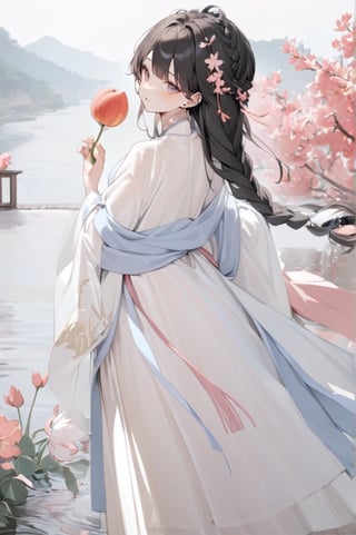 1 Chinese woman, 30 yo,with long black hair (braid), a pink lily in her hair, wearing a blue flat mouth, white translucent Hanfu, holding a branch with red peach blossoms in her hand, posing like a battle, the background is on the bank of the river in the south of the Yangtze River，4k, elegant, no expression