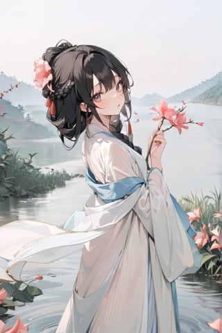 1 Chinese woman, 30 yo,with long black hair (braid), a pink lily in her hair, wearing a blue flat mouth, white translucent Hanfu, holding a branch with red peach blossoms in her hand, posing like a battle, the background is on the bank of the river in the south of the Yangtze River，4k, elegant, no expression