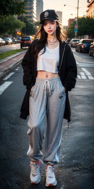 (Young goddess in hip hop fashion), 14 year old Russian dancer, (((full body))), (park visible in background)), body framing, perfect proportions, round face, (thick gray sweatpants), (white t-shirt with pink logo), yacht parka, colorful dancing shoes, belly, (gray very short curly bobbed hair with black cap hat worn diagonally), decisive face with hands in pockets and chin pulled back, (boosted hair color), (very dark top hair), (dark brown eyes), highlights on eyes, (makeup, eye shadow, eyeliner), (high nose ), eye shadow, lip filler, (lips slightly open to show 2 upper front teeth), smile, thin cheek rouge, makeup, earrings, necklace, (small round chest), round buttocks, (thin waist), ((light skin tone)), ³ masterpiece, super detailed, high resolution, 8K, HD, realistic rendering, Reality Based Rendering , Unreal Engine, Complex Detail, (Noise Removal), Solo, Detailedface, Realism, Raw Photo, Photography, Photorealism, Photoshoot, One Girl, Young Beauty Spirit, World's Best Face, Enhance, Detailedface, Perfect, (8k sharp focus), Ultra Photorealism, Detail, Masterpiece, Color Booster, European Girl, (Face Makeup), epiC35mm, (Front: 1), Photorealistic, (2 limbs, 5 fingers)